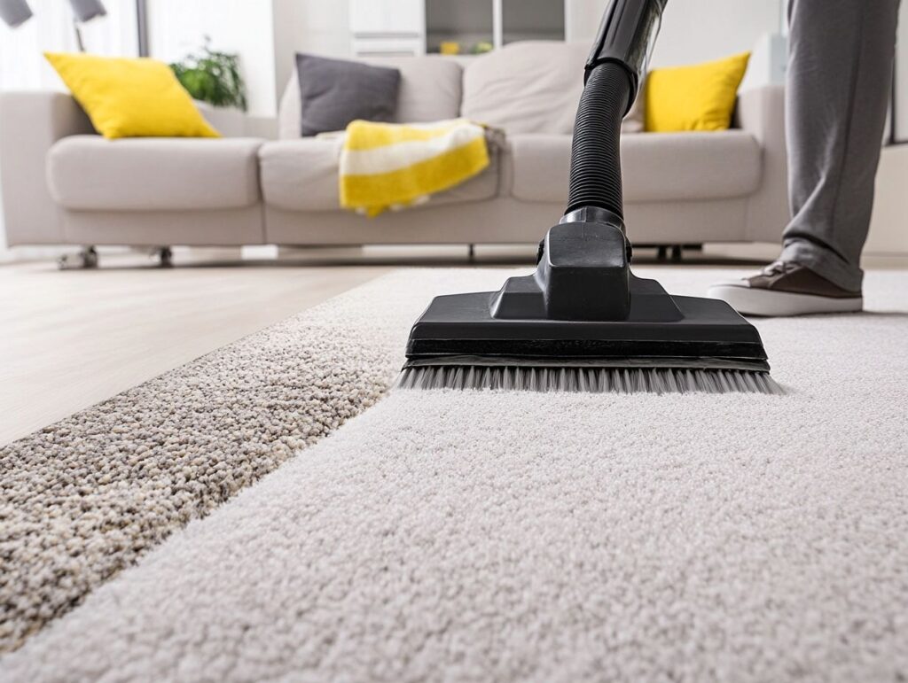 A person vacuum-cleaning a living room carpet.